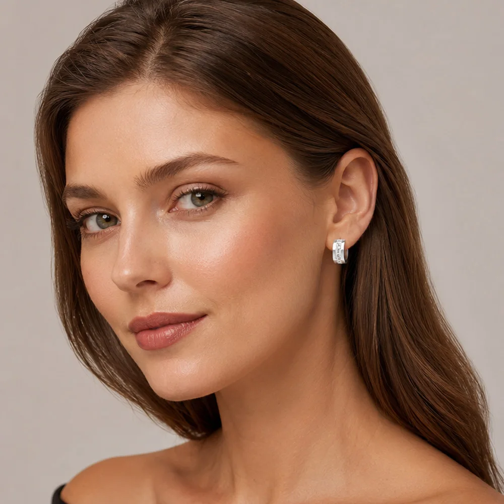 White Stone Pave Creole Hoop Earrings Europe Fine Jewerly For Women Trendy Gift In Solid 925 Sterling Silver