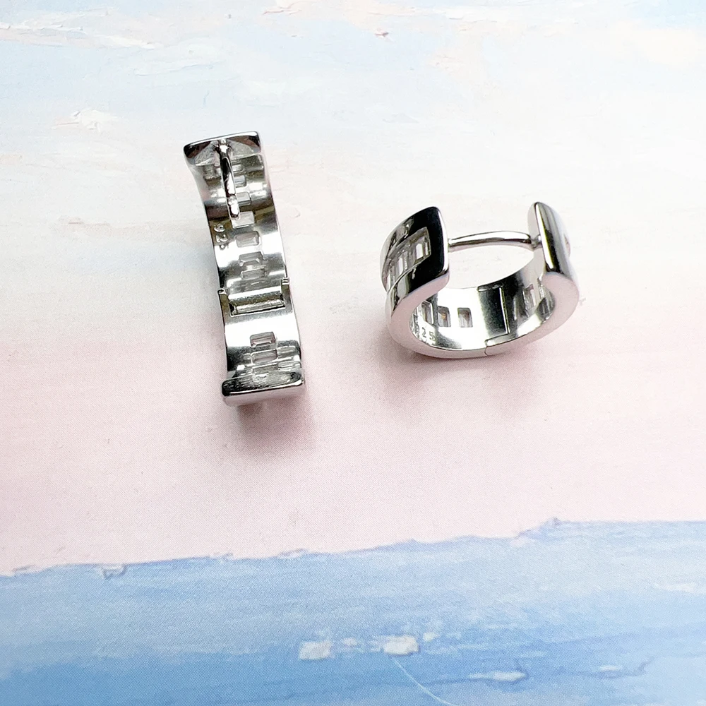 White Stone Pave Creole Hoop Earrings Europe Fine Jewerly For Women Trendy Gift In Solid 925 Sterling Silver