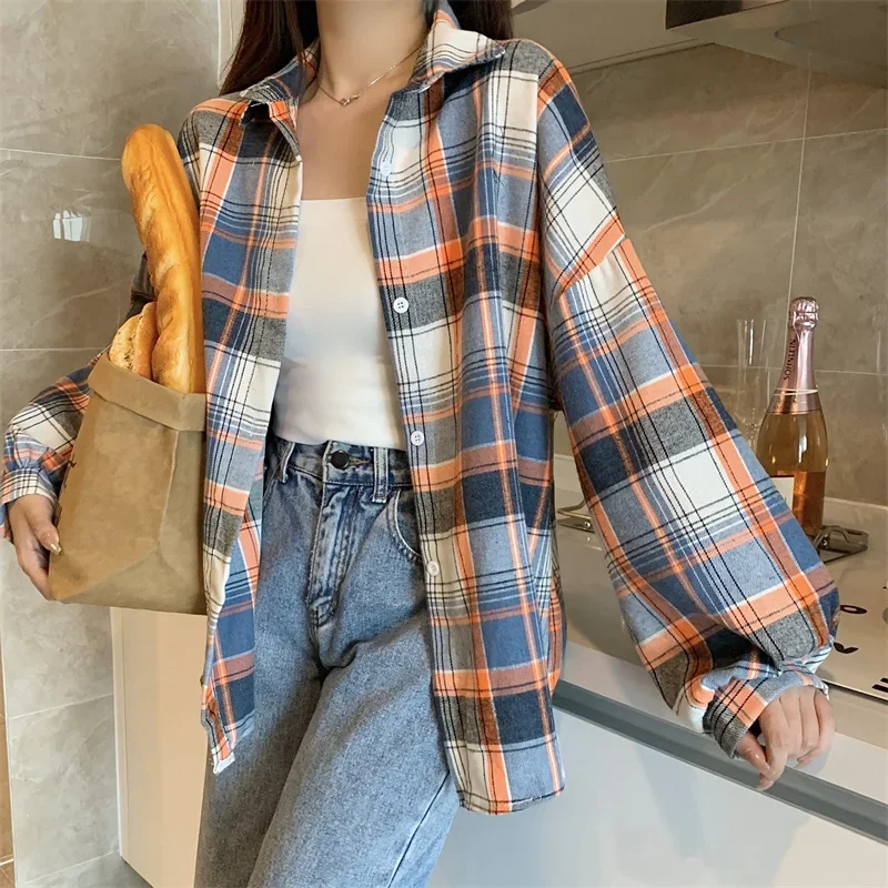 Plaid Shirt Women Autumn Long Sleeve Top Female Vintage Fashion Single Breasted Blouse Ladies Preppy Style Loose Check Shirts