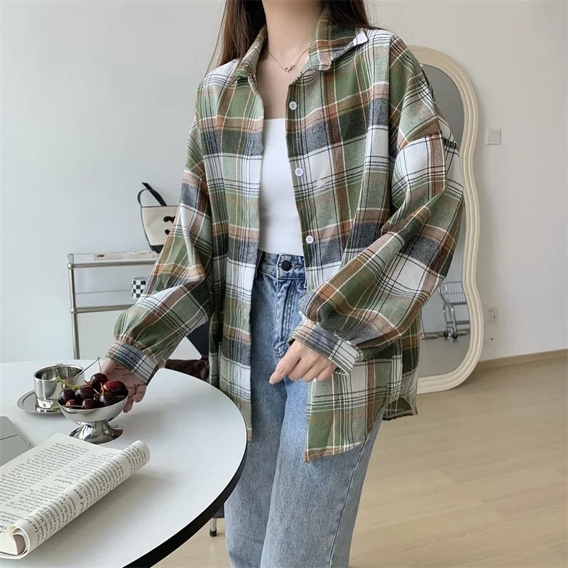 Plaid Shirt Women Autumn Long Sleeve Top Female Vintage Fashion Single Breasted Blouse Ladies Preppy Style Loose Check Shirts