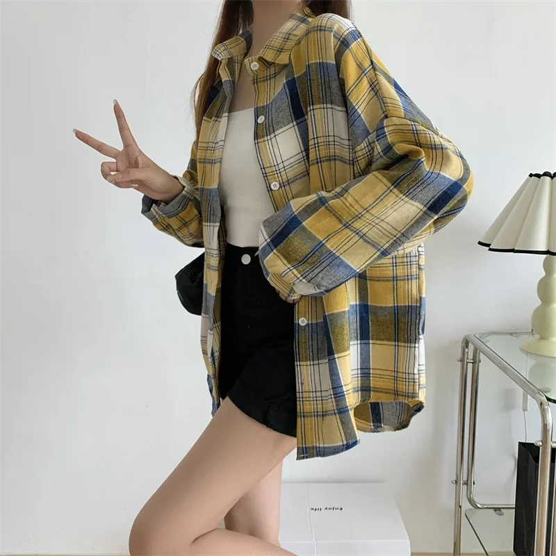 Plaid Shirt Women Autumn Long Sleeve Top Female Vintage Fashion Single Breasted Blouse Ladies Preppy Style Loose Check Shirts