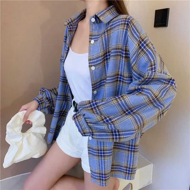 Plaid Shirt Women Autumn Long Sleeve Top Female Vintage Fashion Single Breasted Blouse Ladies Preppy Style Loose Check Shirts