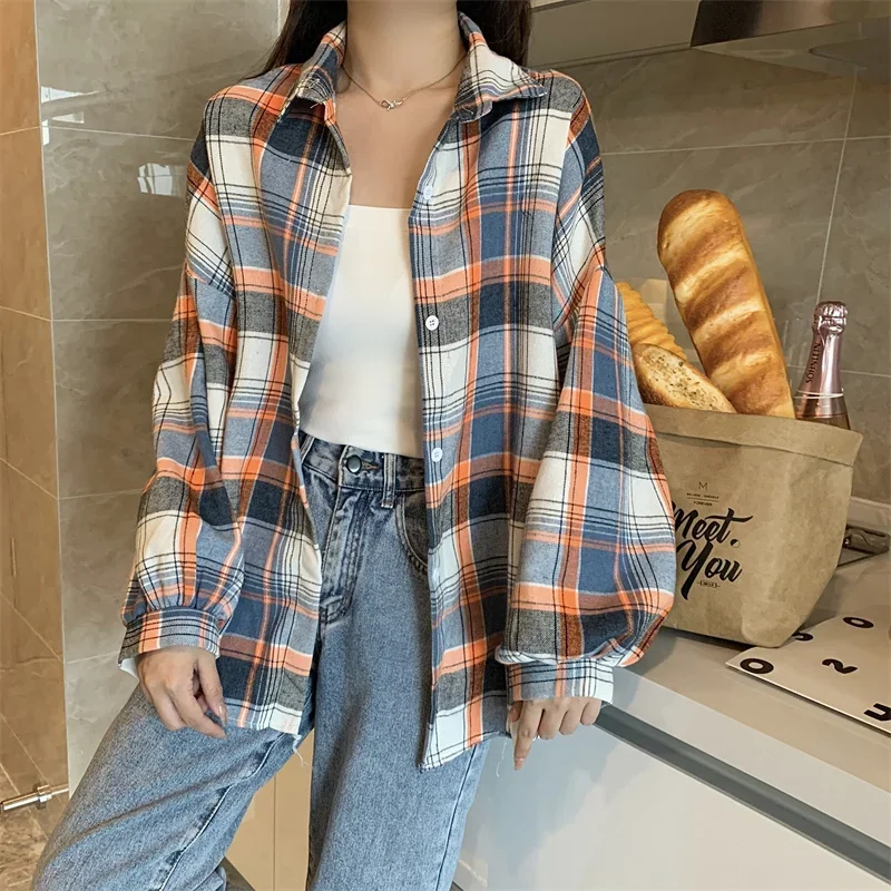 Plaid Shirt Women Autumn Long Sleeve Top Female Vintage Fashion Single Breasted Blouse Ladies Preppy Style Loose Check Shirts