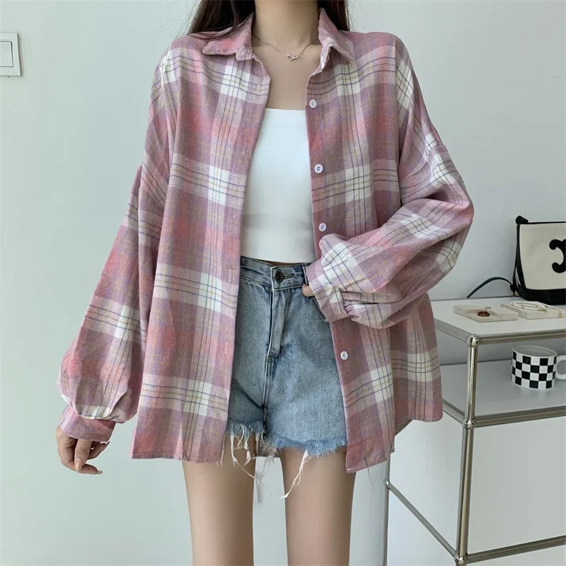 Plaid Shirt Women Autumn Long Sleeve Top Female Vintage Fashion Single Breasted Blouse Ladies Preppy Style Loose Check Shirts
