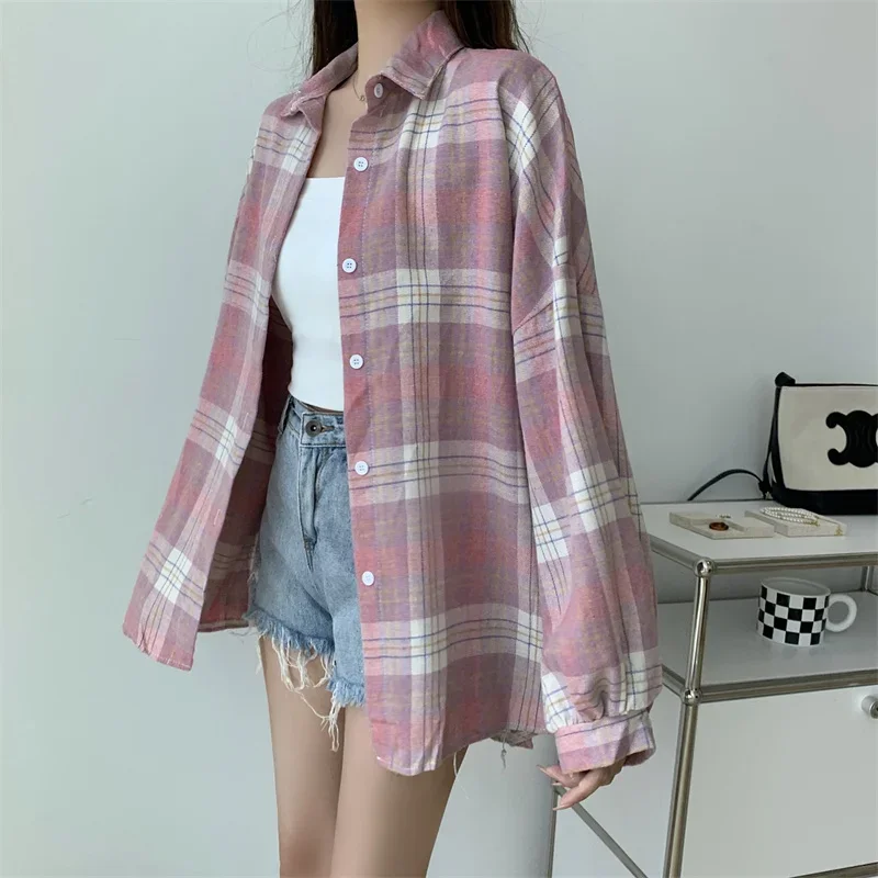Plaid Shirt Women Autumn Long Sleeve Top Female Vintage Fashion Single Breasted Blouse Ladies Preppy Style Loose Check Shirts