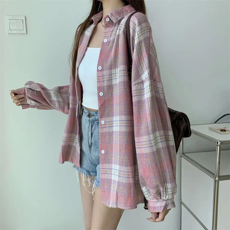 Plaid Shirt Women Autumn Long Sleeve Top Female Vintage Fashion Single Breasted Blouse Ladies Preppy Style Loose Check Shirts