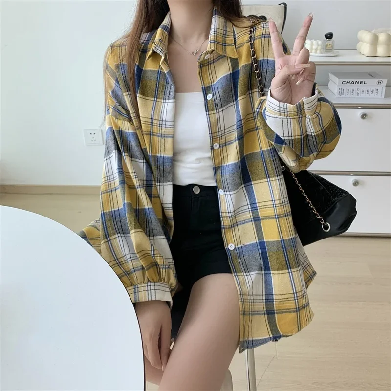Plaid Shirt Women Autumn Long Sleeve Top Female Vintage Fashion Single Breasted Blouse Ladies Preppy Style Loose Check Shirts