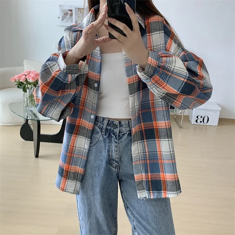 Plaid Shirt Women Autumn Long Sleeve Top Female Vintage Fashion Single Breasted Blouse Ladies Preppy Style Loose Check Shirts