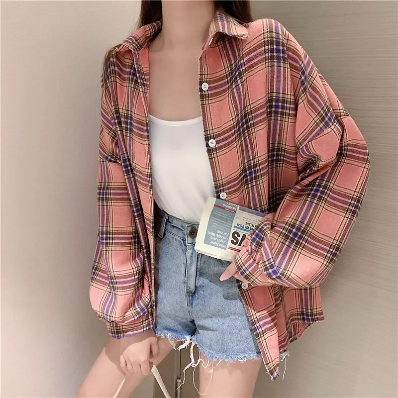 Plaid Shirt Women Autumn Long Sleeve Top Female Vintage Fashion Single Breasted Blouse Ladies Preppy Style Loose Check Shirts