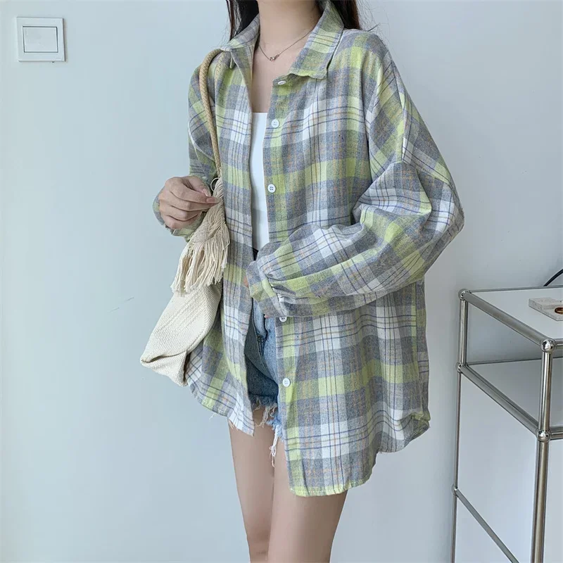 Plaid Shirt Women Autumn Long Sleeve Top Female Vintage Fashion Single Breasted Blouse Ladies Preppy Style Loose Check Shirts