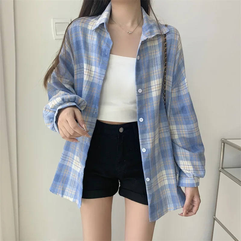 Plaid Shirt Women Autumn Long Sleeve Top Female Vintage Fashion Single Breasted Blouse Ladies Preppy Style Loose Check Shirts