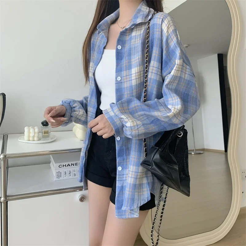 Plaid Shirt Women Autumn Long Sleeve Top Female Vintage Fashion Single Breasted Blouse Ladies Preppy Style Loose Check Shirts