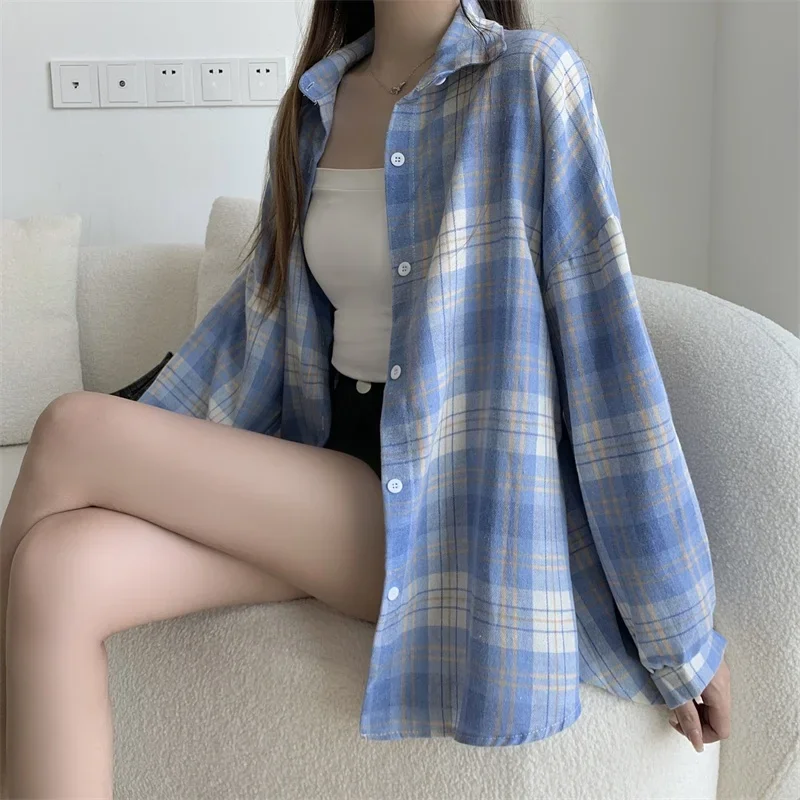 Plaid Shirt Women Autumn Long Sleeve Top Female Vintage Fashion Single Breasted Blouse Ladies Preppy Style Loose Check Shirts