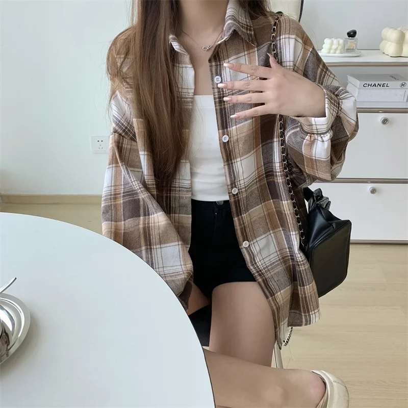 Plaid Shirt Women Autumn Long Sleeve Top Female Vintage Fashion Single Breasted Blouse Ladies Preppy Style Loose Check Shirts