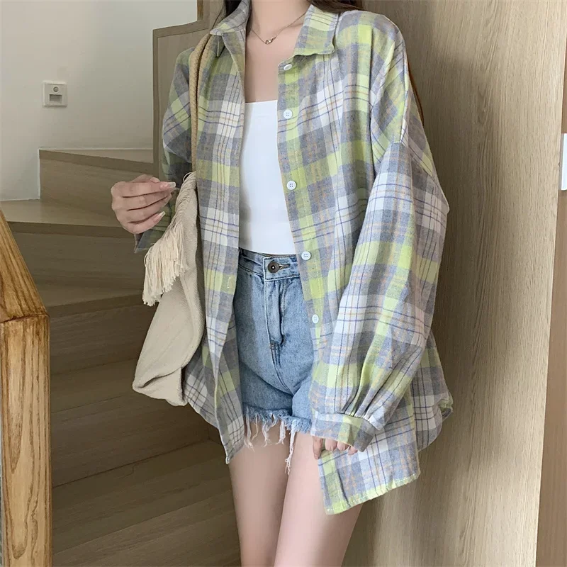 Plaid Shirt Women Autumn Long Sleeve Top Female Vintage Fashion Single Breasted Blouse Ladies Preppy Style Loose Check Shirts
