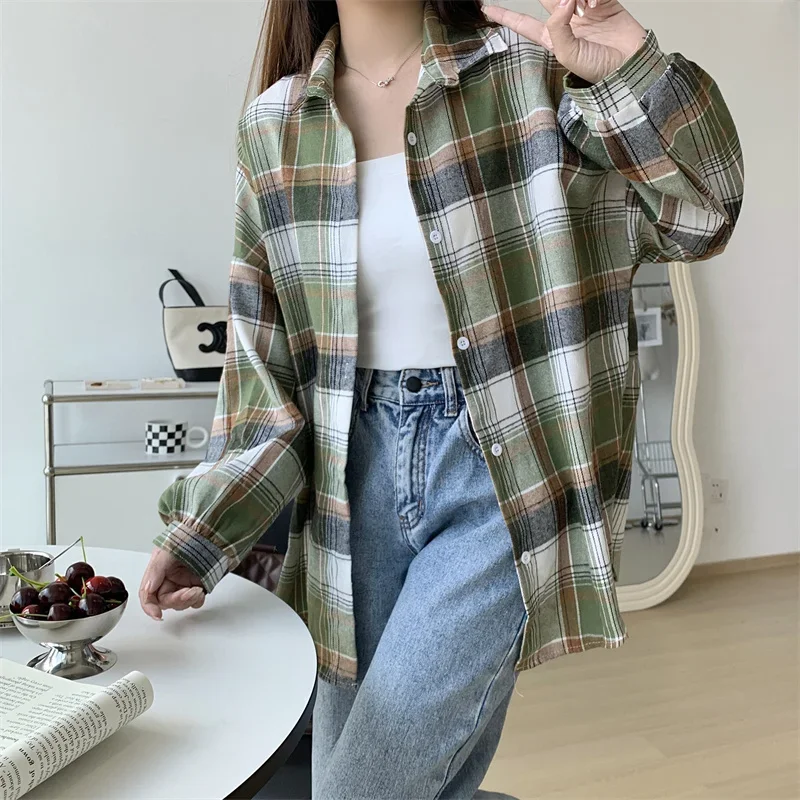 Plaid Shirt Women Autumn Long Sleeve Top Female Vintage Fashion Single Breasted Blouse Ladies Preppy Style Loose Check Shirts