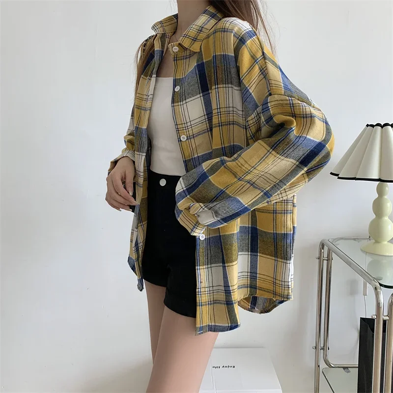 Plaid Shirt Women Autumn Long Sleeve Top Female Vintage Fashion Single Breasted Blouse Ladies Preppy Style Loose Check Shirts