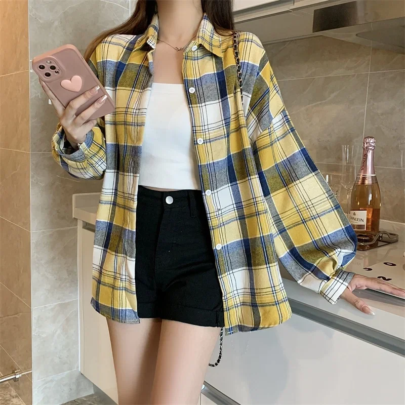 Plaid Shirt Women Autumn Long Sleeve Top Female Vintage Fashion Single Breasted Blouse Ladies Preppy Style Loose Check Shirts