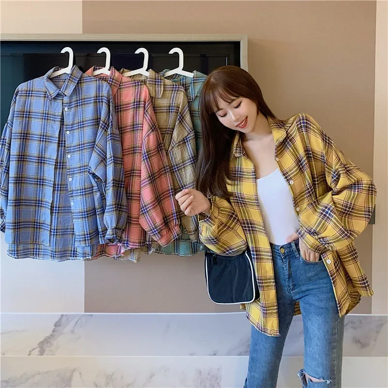 Plaid Shirt Women Autumn Long Sleeve Top Female Vintage Fashion Single Breasted Blouse Ladies Preppy Style Loose Check Shirts