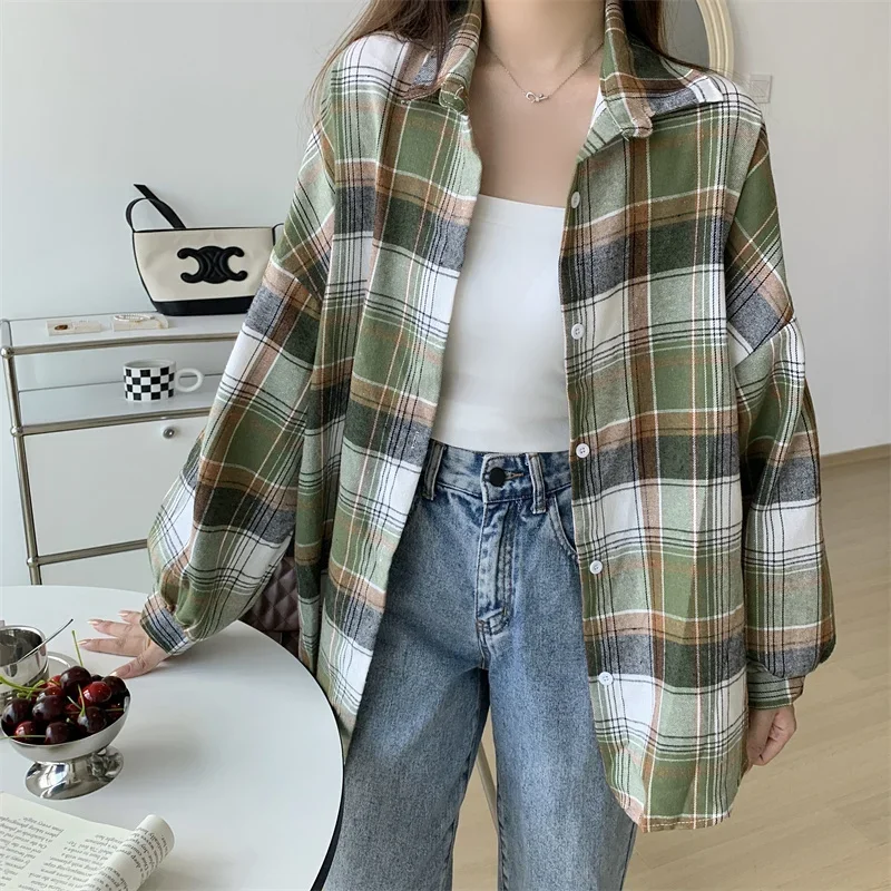 Plaid Shirt Women Autumn Long Sleeve Top Female Vintage Fashion Single Breasted Blouse Ladies Preppy Style Loose Check Shirts