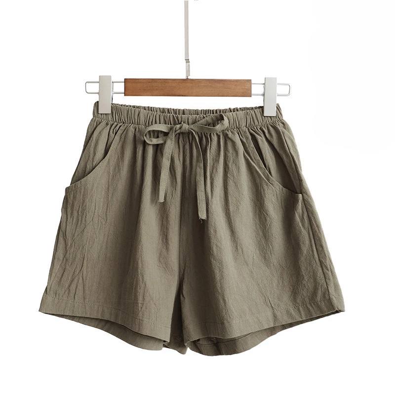 High Waisted Cotton and Linen Shorts for Women's Summer Elastic Waist Loose Casual Linen Korean Wide Leg Pants