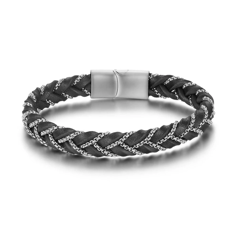 Simple New Style Men's Leather Bracelet Black/Blue/Brown Stainless Steel Buckle Valentine's Day Charm Bangle Gift Jewelry