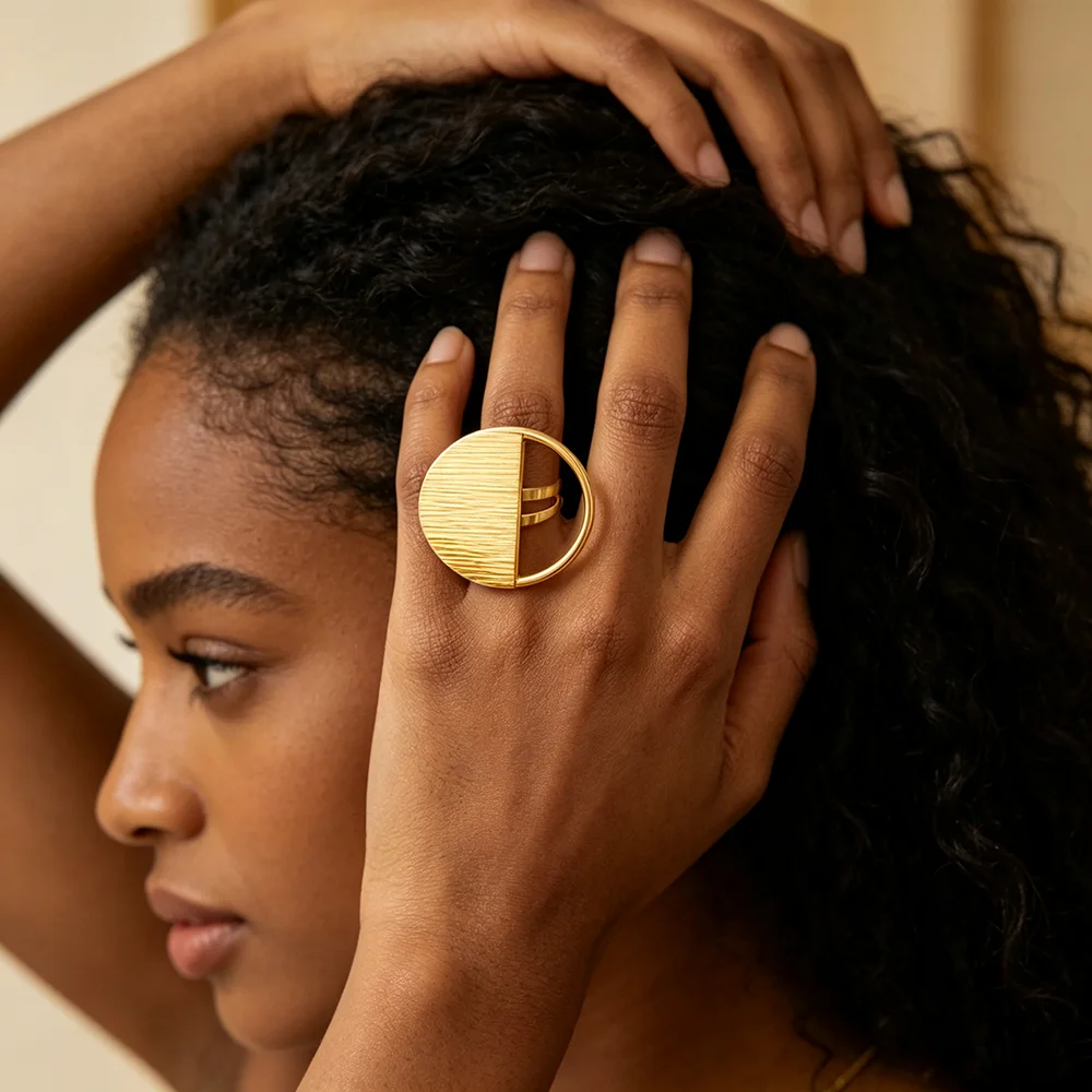 18K Gold Plated Brushed Finish Half‑Circle Hollow Round Earrings & Ring Set For Women Luxury Wedding Party Accessories Gift