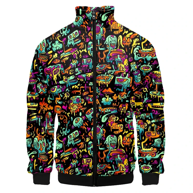 Colorful Monster Graffiti Art Men's Plus Size 3D Jacket Sportswear Spring Stand-up Collar Zipper Sweater Baseball Jacket Men's