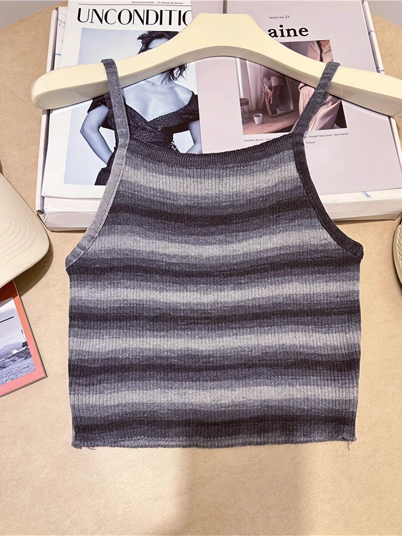 2025 Comfortable and Stylish Striped Ribbed Knit Cami Top for Women Sleeveless Square Neck Casual Top Rainbow Crop Top
