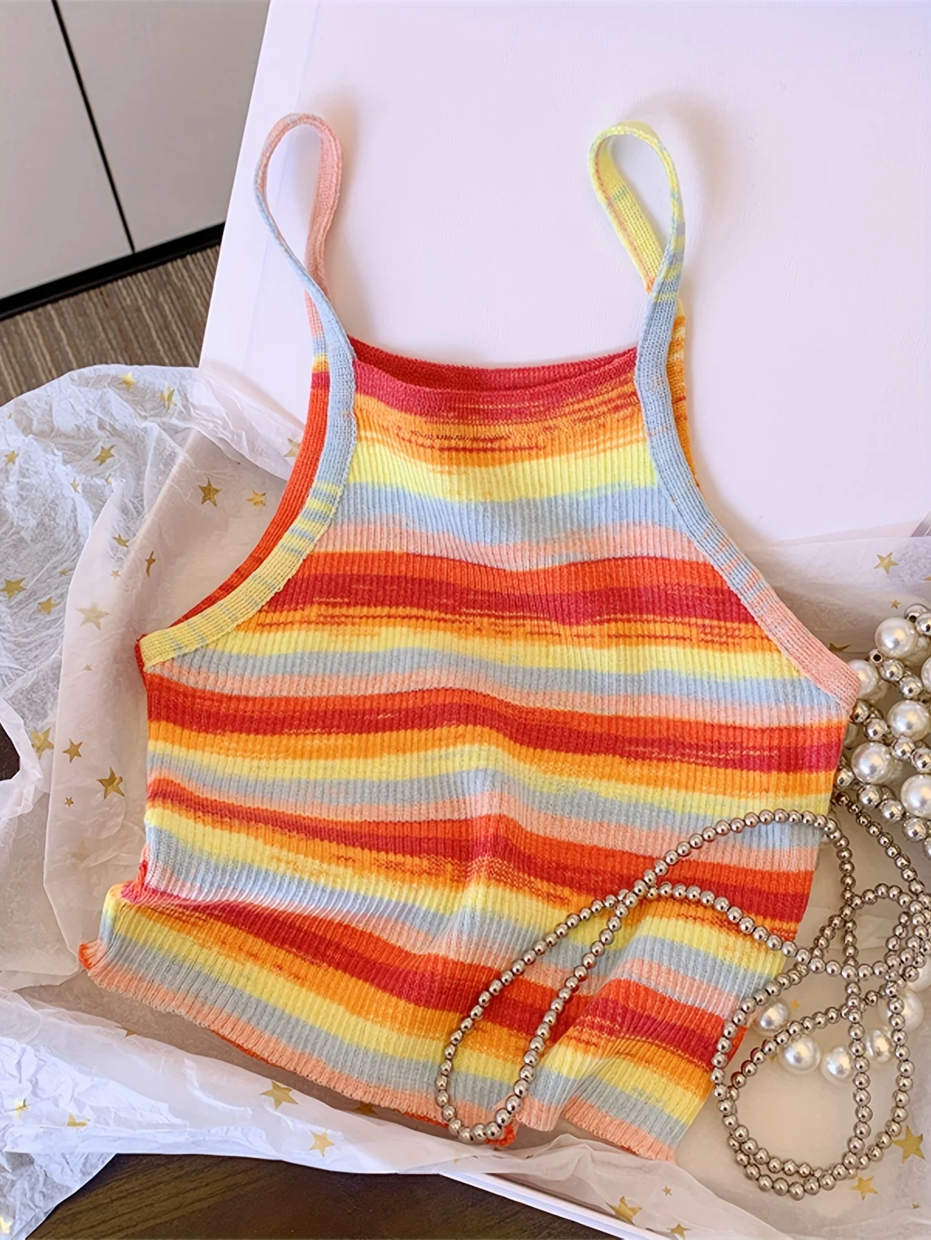 2025 Comfortable and Stylish Striped Ribbed Knit Cami Top for Women Sleeveless Square Neck Casual Top Rainbow Crop Top