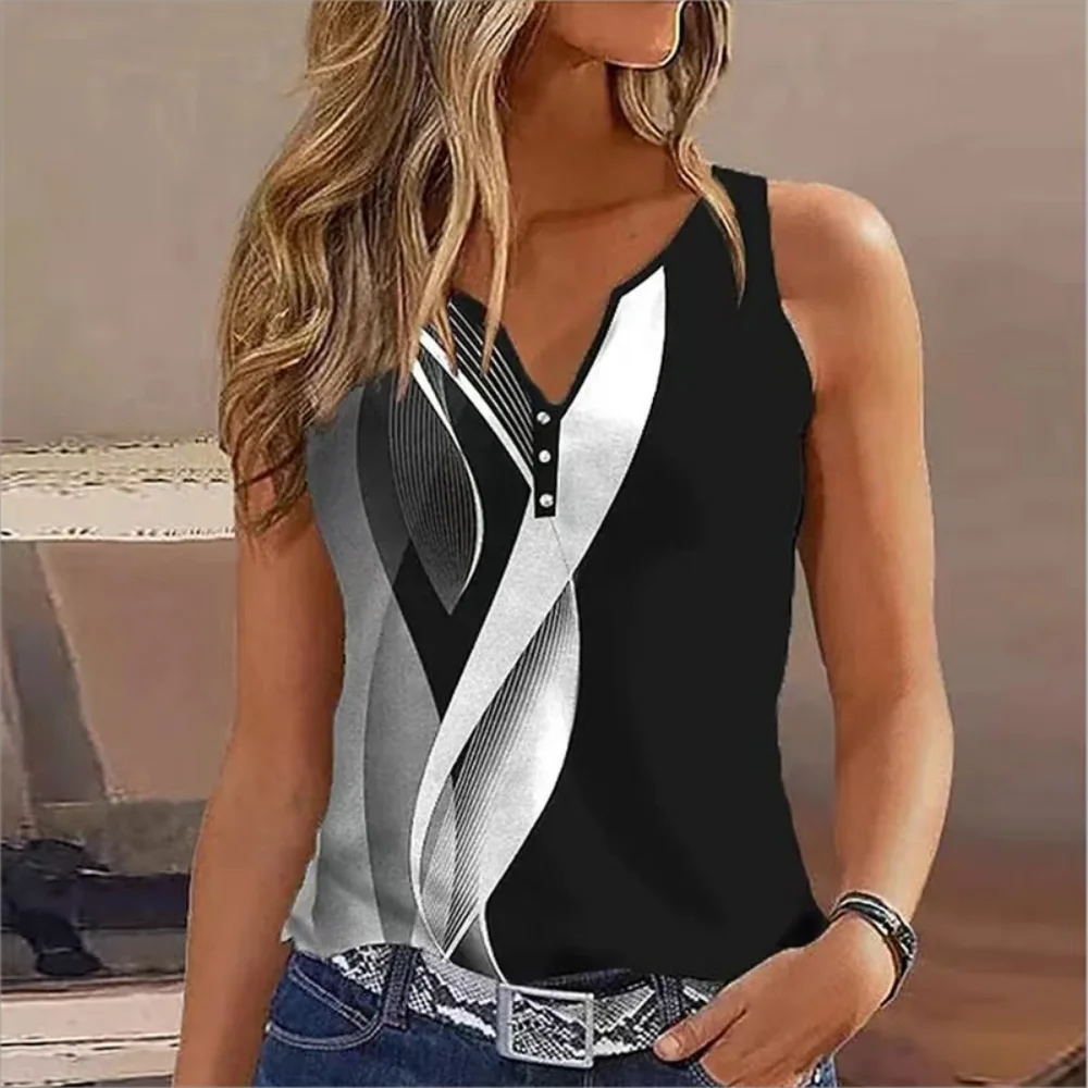 European and American Cross Border New Women's V-neck Abstract Print Sleeveless Tank Top