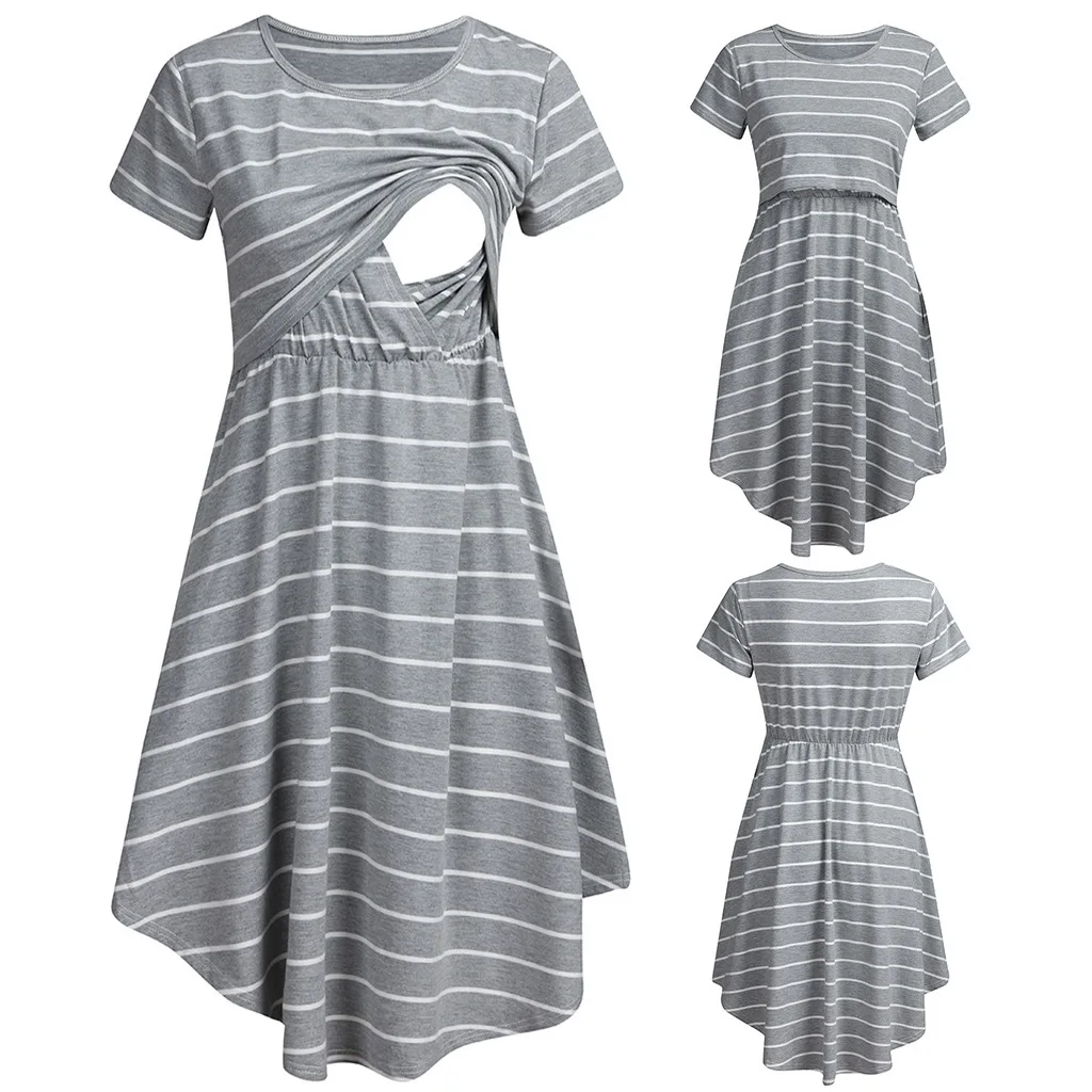 Summer Maternity Care Striped Dresses Pregnant Women Pajamas Multifuntional Mother Breastfeed Dress Premama Baby Shower Clothes