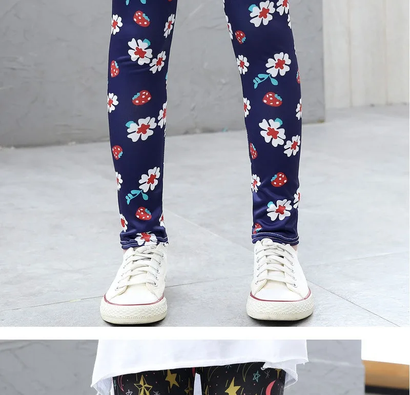 Girls' Pants Summer Thin Children's Elastic Leggings Baby Milk Screen Printed Floral Long Pants Slim Fit Ages 3-11Y