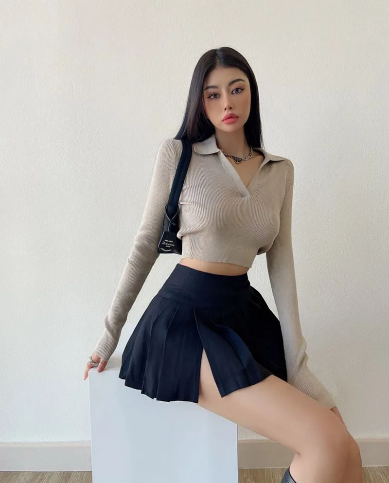 Gidyq Summer Women Pleated Skirts Vintage High Waist Female Sexy Mini Skirts Korean Casual All Match Streetwear Slit Skirt New