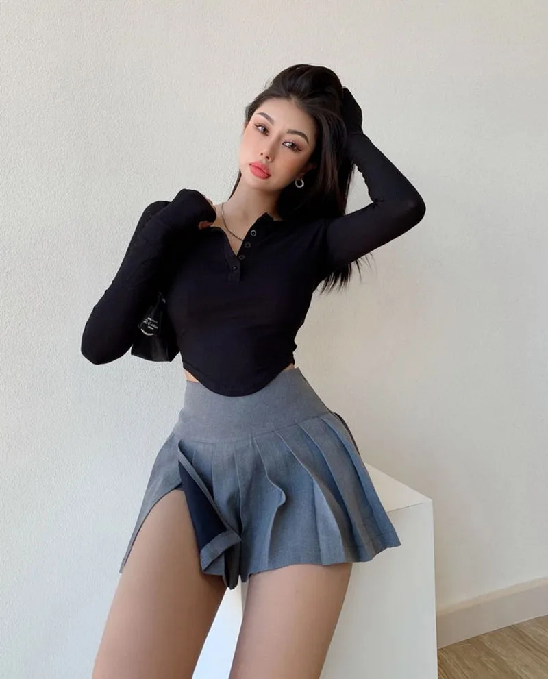 Gidyq Summer Women Pleated Skirts Vintage High Waist Female Sexy Mini Skirts Korean Casual All Match Streetwear Slit Skirt New
