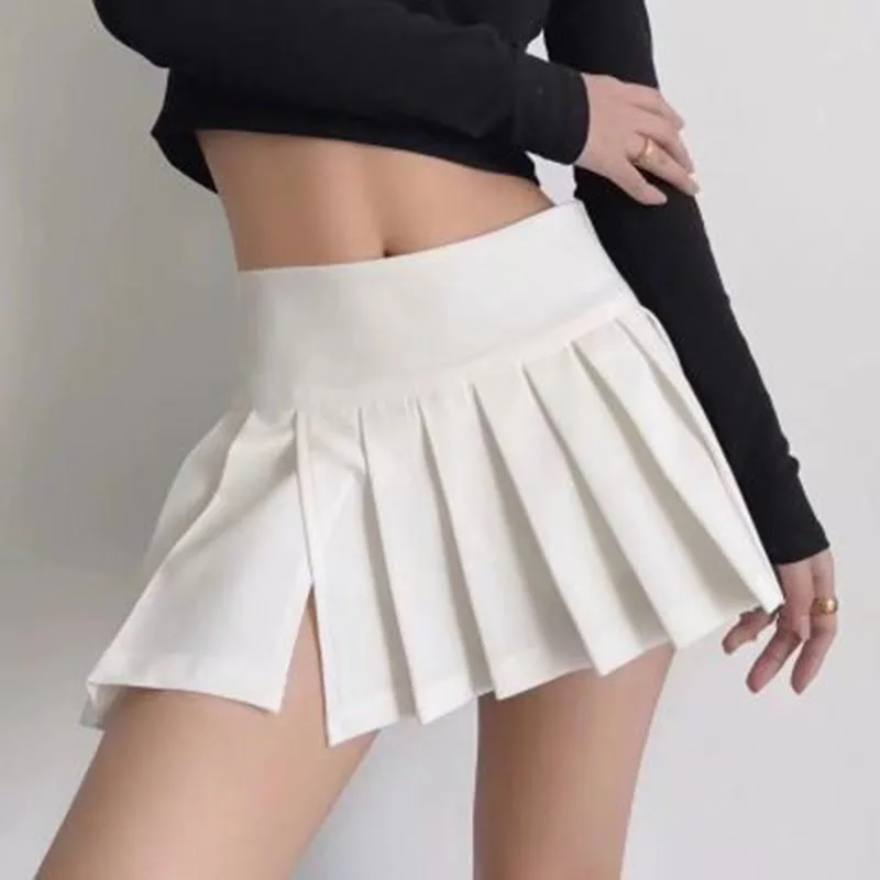 Gidyq Summer Women Pleated Skirts Vintage High Waist Female Sexy Mini Skirts Korean Casual All Match Streetwear Slit Skirt New