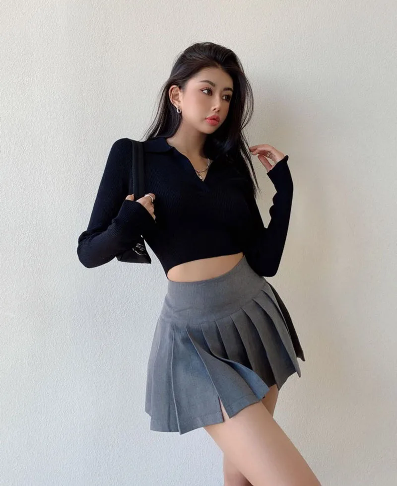 Gidyq Summer Women Pleated Skirts Vintage High Waist Female Sexy Mini Skirts Korean Casual All Match Streetwear Slit Skirt New