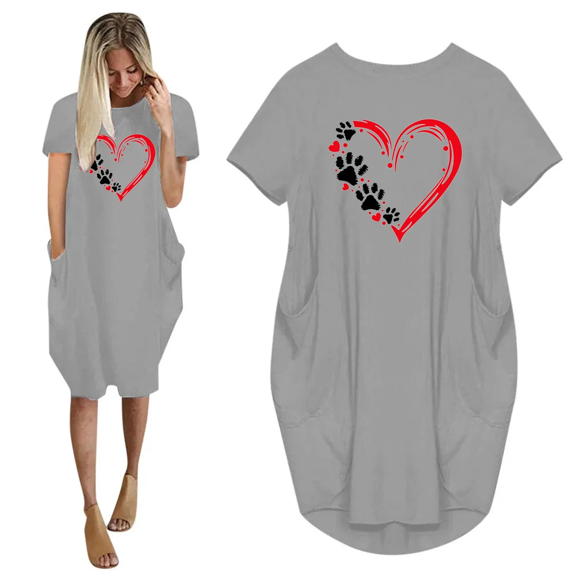 Women's Love Cat Paw Print Printed Loose Long Sleeved Summer Plus Size Dress Streetwear Oversized O-Neck