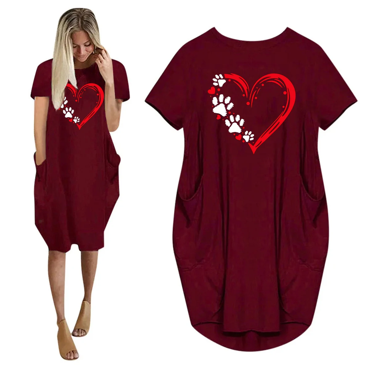 Women's Love Cat Paw Print Printed Loose Long Sleeved Summer Plus Size Dress Streetwear Oversized O-Neck