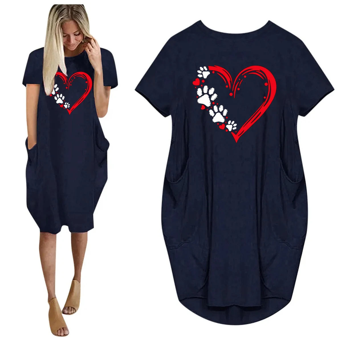Women's Love Cat Paw Print Printed Loose Long Sleeved Summer Plus Size Dress Streetwear Oversized O-Neck