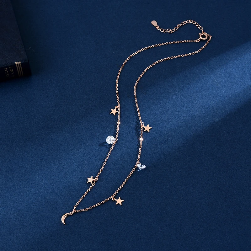 2024 925 Sterling Silver Shiny Zircon Moon Star Choker Pendant Charm Long Chain CZ Crystal Necklace Women Wedding Fine Jewelry