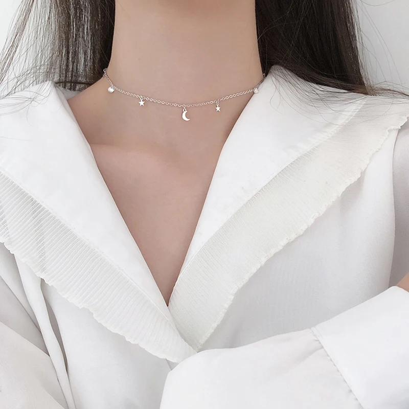 2024 925 Sterling Silver Shiny Zircon Moon Star Choker Pendant Charm Long Chain CZ Crystal Necklace Women Wedding Fine Jewelry