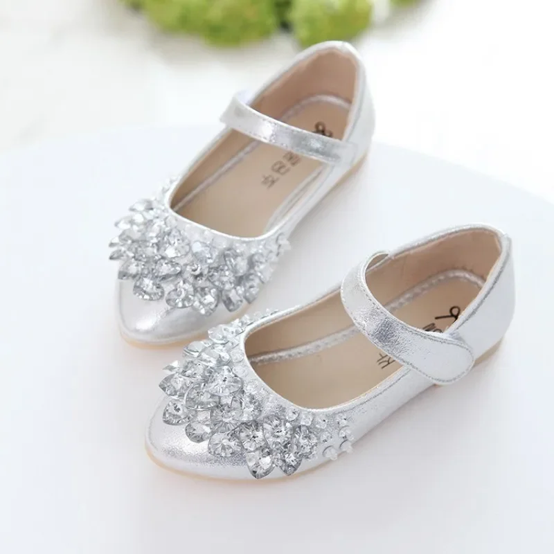 Girls Crystal Shiny Princess Shoes Kids Sweet Flats Performance Shoes Fashion Children's Leather Shoes for Party Wedding