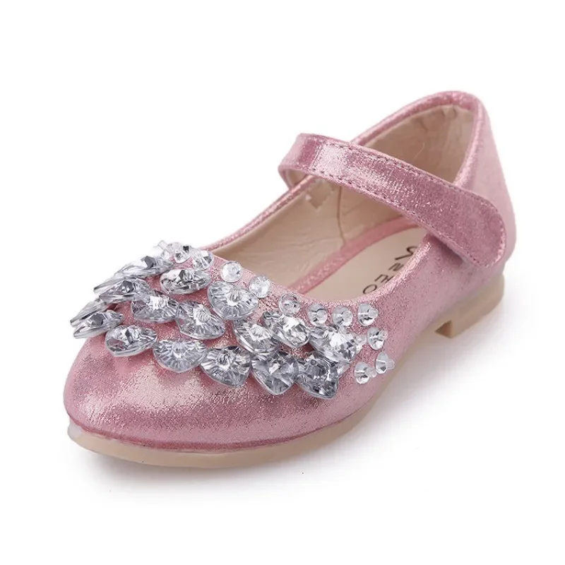 Girls Crystal Shiny Princess Shoes Kids Sweet Flats Performance Shoes Fashion Children's Leather Shoes for Party Wedding