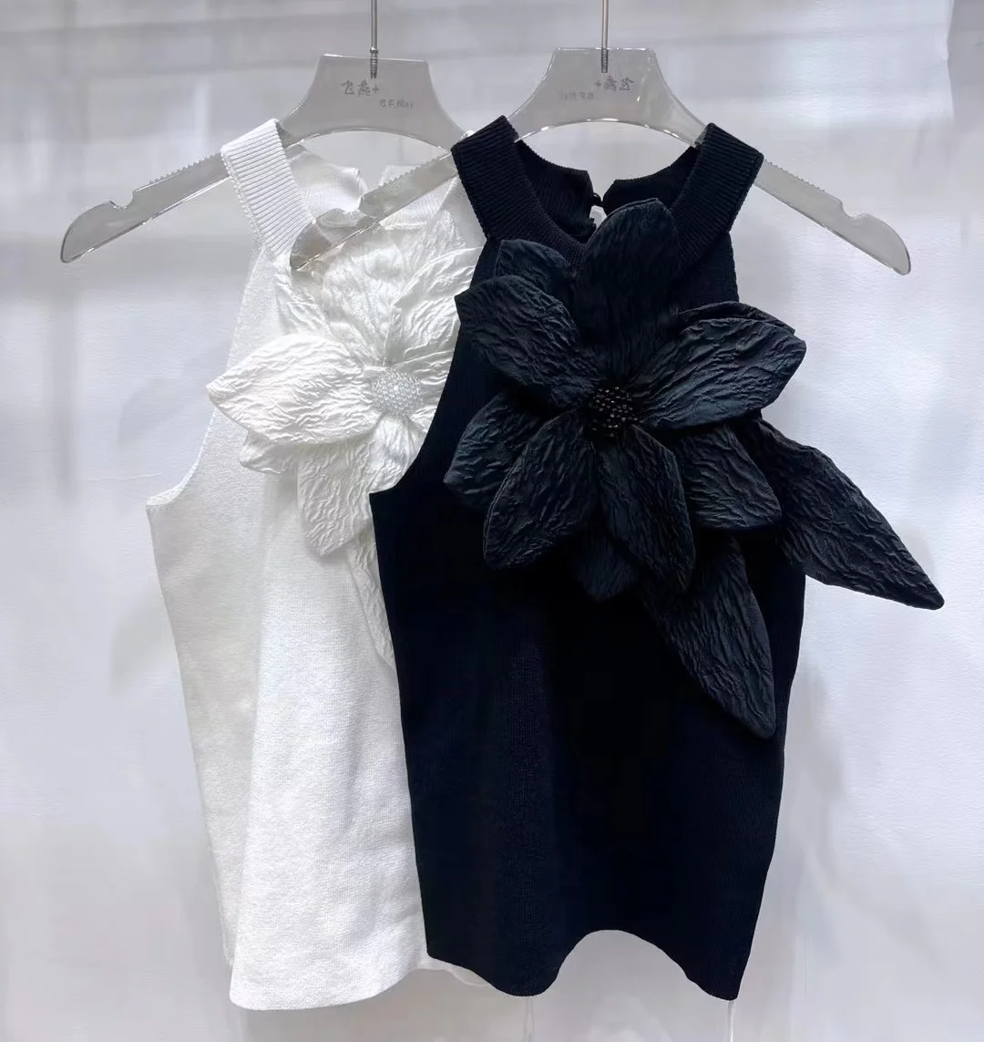 Black White 3D Diamonds Flower Stitch Sleeveless Knitted Top Slim Fit Halter Vest 2025 Sring Summer Knitwear Sexy Crop Tank Top