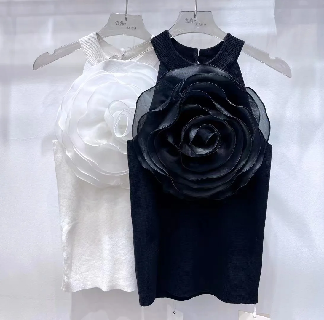 Black White 3D Diamonds Flower Stitch Sleeveless Knitted Top Slim Fit Halter Vest 2025 Sring Summer Knitwear Sexy Crop Tank Top
