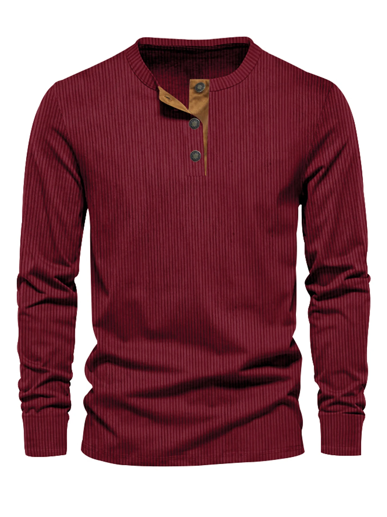 Spring and Autumn New Cross-border Men's Independent Station Corduroy Casual Henry Slim Solid Color Long Sleeve T-Shirt