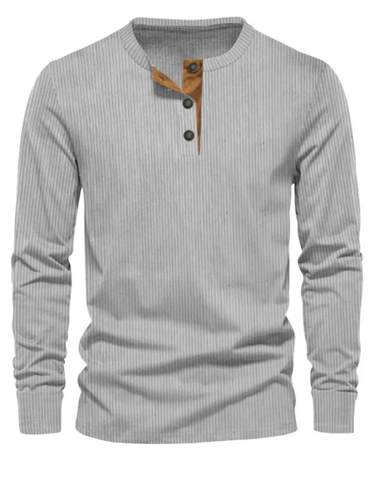 Spring and Autumn New Cross-border Men's Independent Station Corduroy Casual Henry Slim Solid Color Long Sleeve T-Shirt