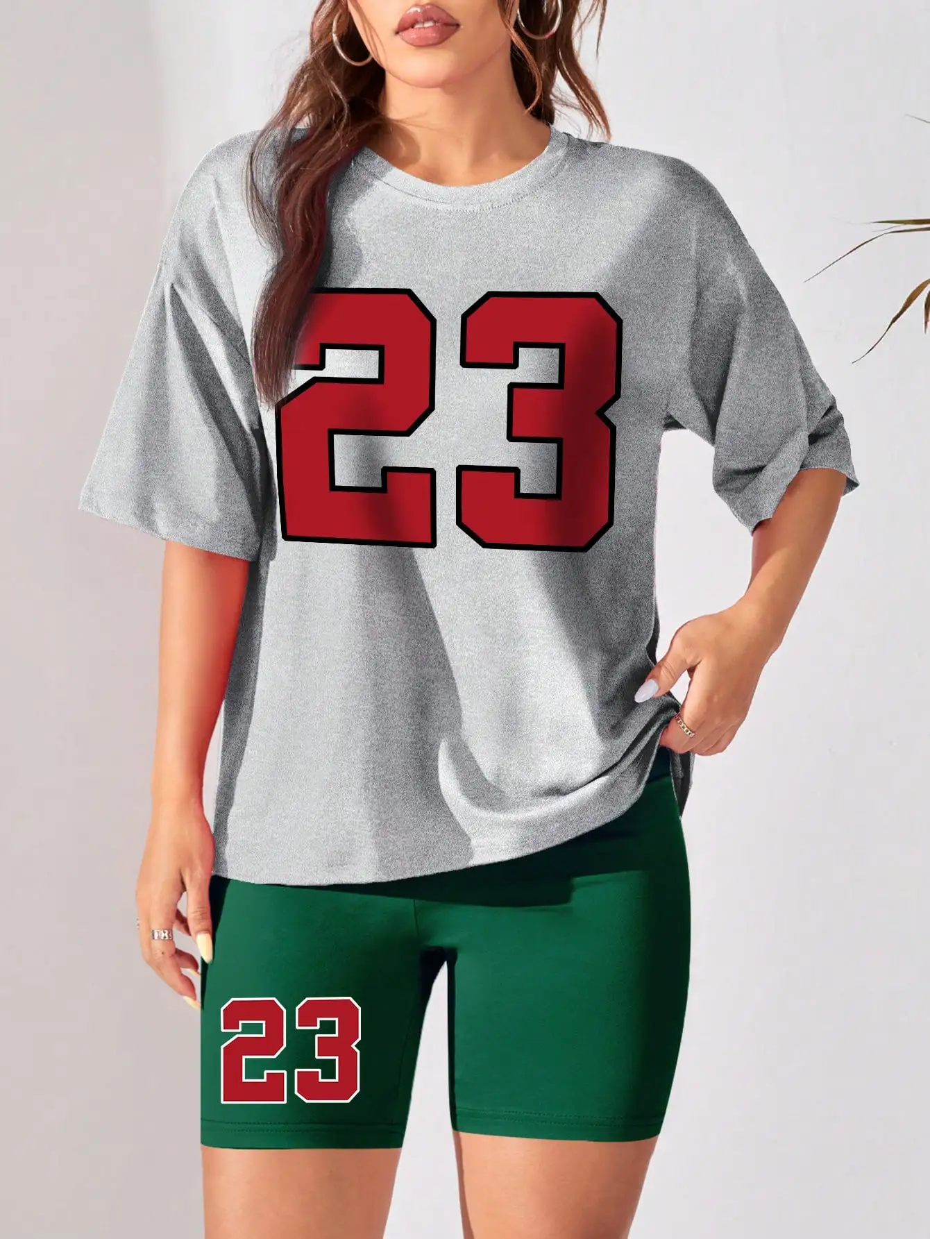 Women's Summer Set Number 23 Print Casual Shorts Set Sports Women's Shirt Shorts 2 Piece Street Wear Set Womens Summer Clothes