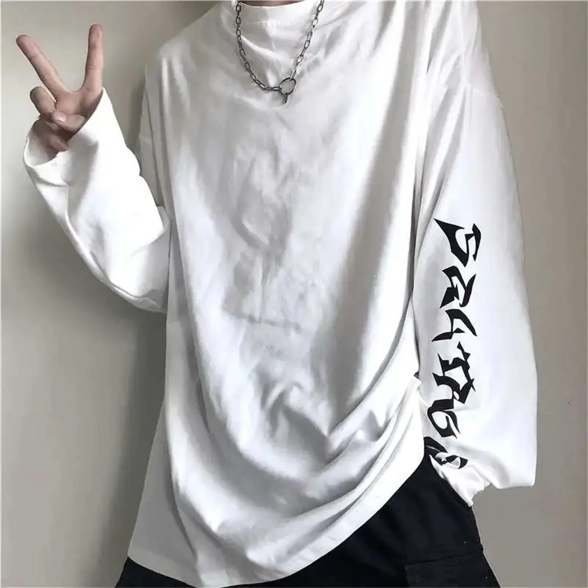 Cool Harajuku Ins Tshirt Hip Hop T-shirts Men Women Casual Korean T Shirt Long Sleeve Loose Tshirt Streetwear Autumn Tops Male